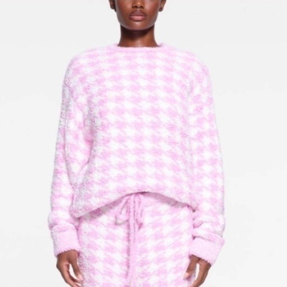 Skims L/XL Cozy Knit Pullover Petal Pink Houndstooth Oversized Lounge Valentine‎